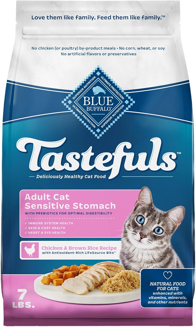 Blue Buffalo Tastefuls Adult Dry Cat Food Sensitive Stomach Formula, Made in the USA with Natural Ingredients, Chicken Recipe, 7-lb. Bag-PawvioPets