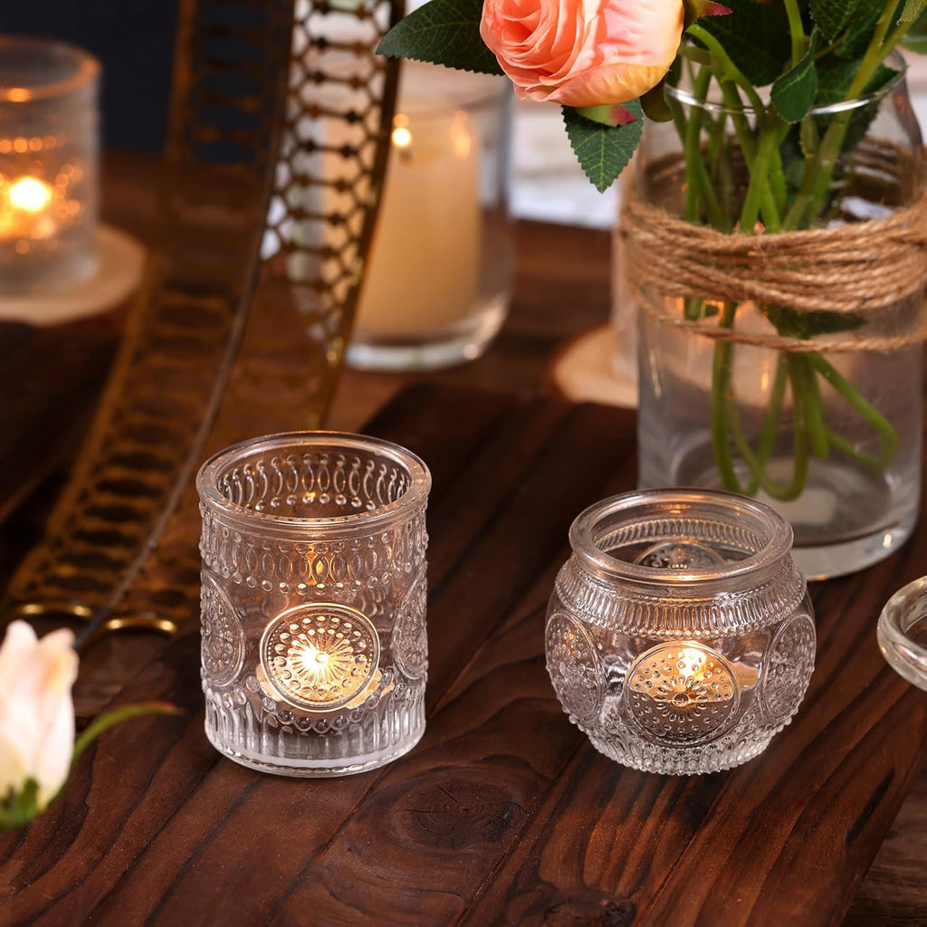 DARJEN 24Pcs Clear Votive Candle Holders - Glass Tea Light Candle Holder, Candle Holders Bulk, Embossed Candle Votives for Wedding Centerpiece & Home Decor