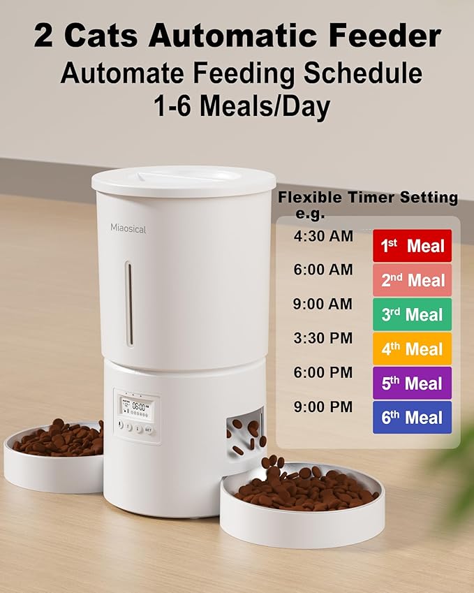 Dual Automatic Cat Feeder 2 Cats,6 Meals/Day,12 Portions/Meal,4.2L Dual Power Double Bowls Feeder,Dry Food Auto Pet Dispenser,10S Voice Record,Flexible Schedule Timer(White,Stainless Dual Bowls)-PawvioPets