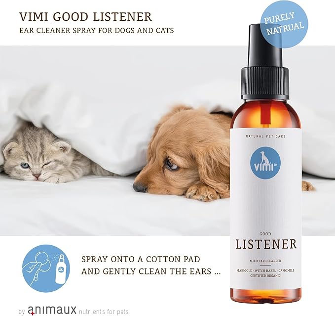 animaux vimi Ear Cleaner Good Listener - Ear Cleaner Spray for Sensitive Dog Ears - Ear Care with Camomile, Calendula & Witch Hazel - for Thorough & mild Cleaning - 3.38 Fl Oz-PawvioPets