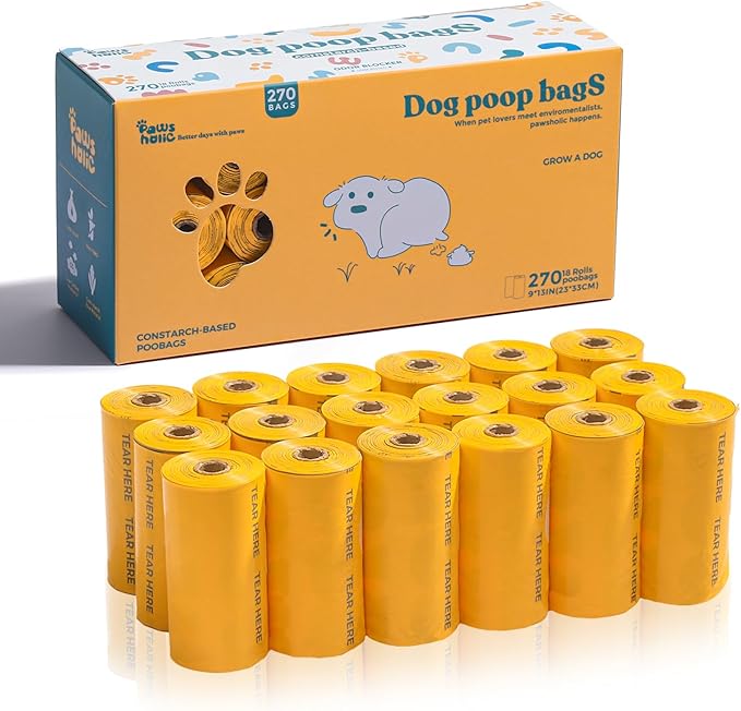 Dog Poop Bags Rolls Biodegradable 100% Leak Proof Thickened Dog Waste Bags -270 Count 18 Rolls - Cornstarch Based Doggie Poop Bag for Puppy and Big Dogs(Unscented)-PawvioPets