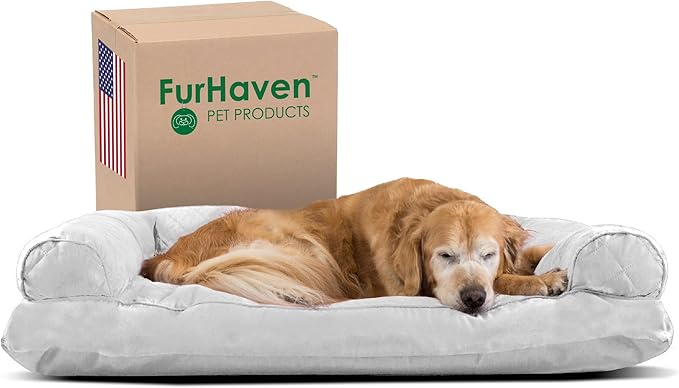 Furhaven Pillow Dog Bed for Large Dogs w/ Removable Bolsters & Washable Cover - Quilted Sofa - Silver Gray, Jumbo/XL-PawvioPets