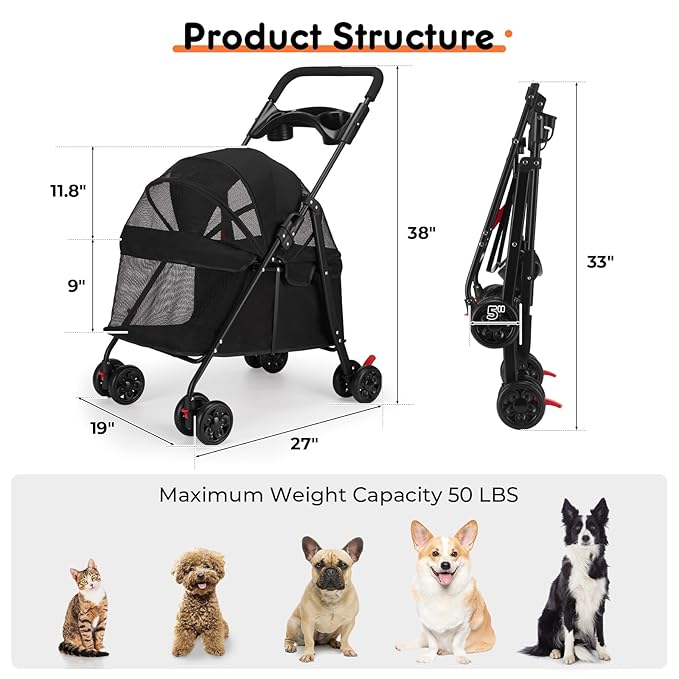 Foldable Pet Stroller for Small/Medium Pets up to 22 lbs - Lightweight 4-Wheel Design with Sun Canopy, Storage Bag & Breathable Mesh-PawvioPets
