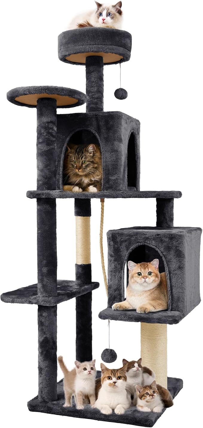 59in Large Cat Tree Tower for Indoor Cats with Soft Plush Hang Ball, Two Condos, Sisal Scratch Posts & Rope Play for Kittens/Adult Cats, New Dark Grey-PawvioPets