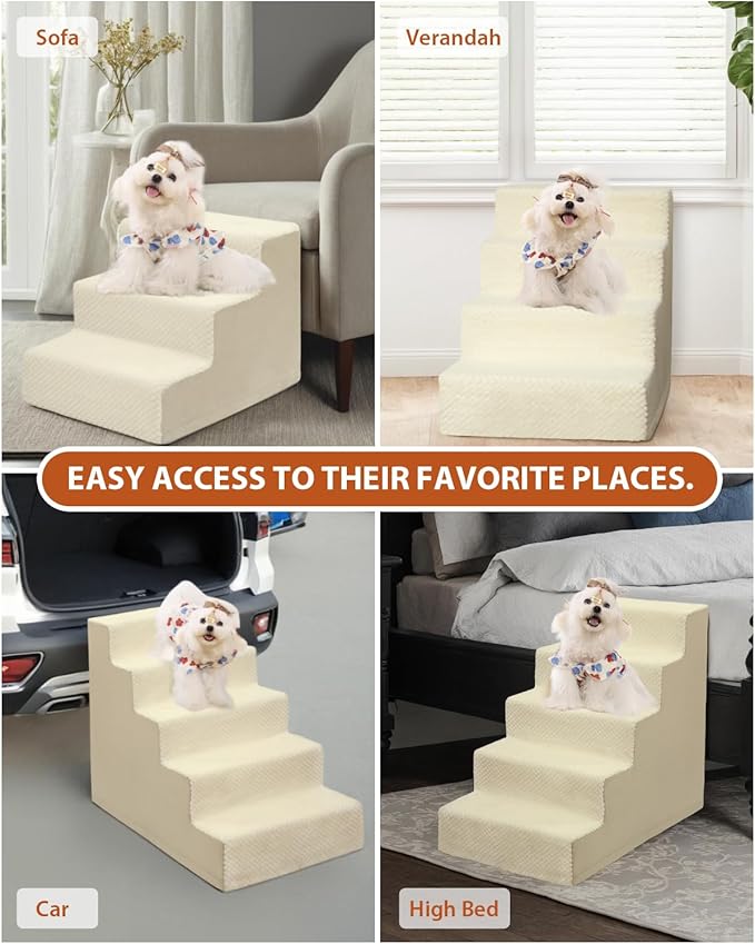 Dog Stairs for Small Dogs,22" H,5-Step Dog Steps for High Bed Couch and Sofa,Pet Stairs for Dogs and Cats Climbing with Non-Slip Bottom and Washable Cover,Beige-PawvioPets