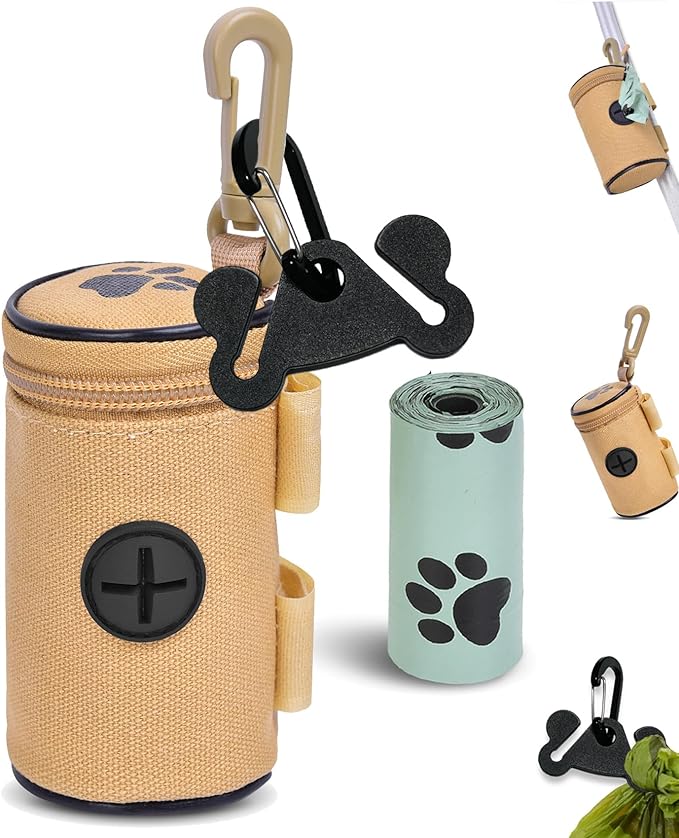 Dog Waste Bag Dispenser Dog Poop Bag Dispenser for Leash Accessory dog Poop Bag Holders Fits Dog Leash Include Hand Free Holder, Khaki, No-KaqiXYB-PawvioPets