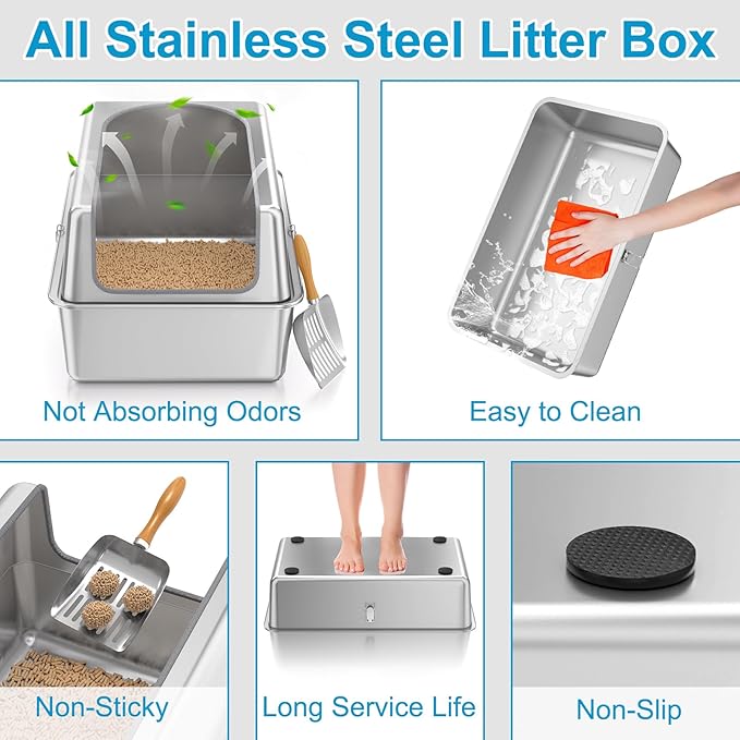 12'' High Sides XL All Stainless Steel Cat Litter Box with Lid,Deep Metal Litter Box for Big Cats,Extra Large Litter Boxes with High Wall Enclosure,Anti-Leakage,Never Absorbs Odors,Non-Sticky Surface-PawvioPets