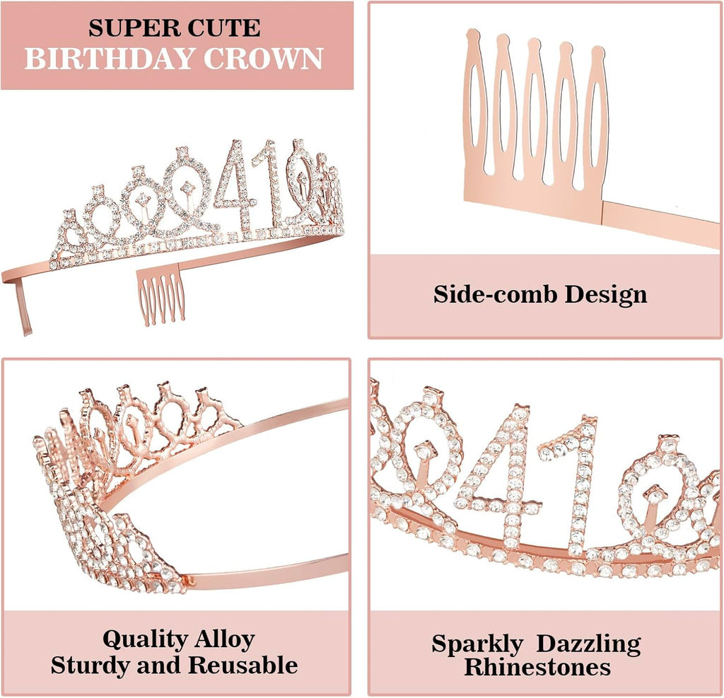41 Birthday Decorations for Women Including Birthday Sash, Crown/Tiara, Numeral Candles and Cake Topper, 41 Year Old Gifts for Women, Rosegold Party Decor and Supplies