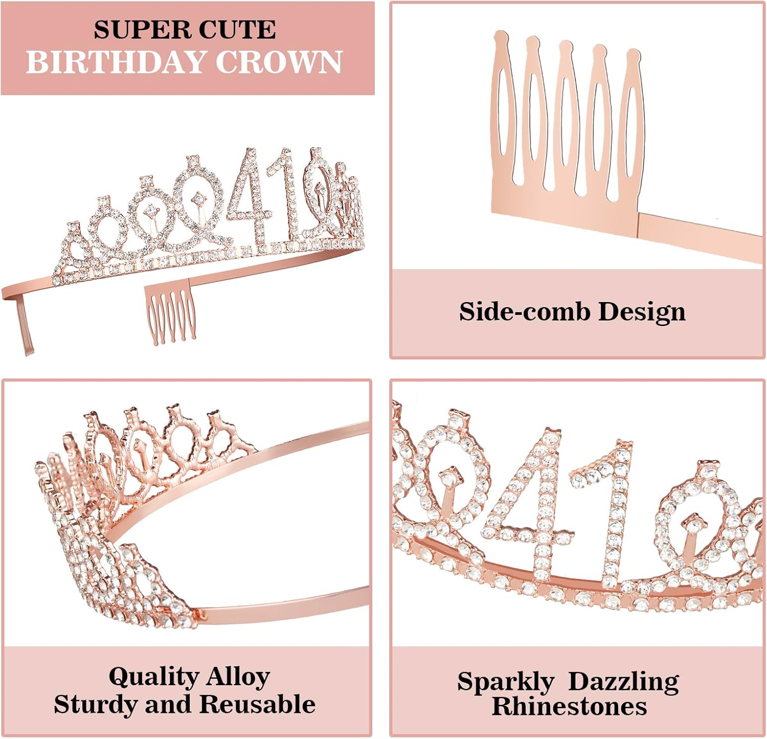 41 Birthday Decorations for Women Including Birthday Sash, Crown/Tiara, Numeral Candles and Cake Topper, 41 Year Old Gifts for Women, Rosegold Party Decor and Supplies