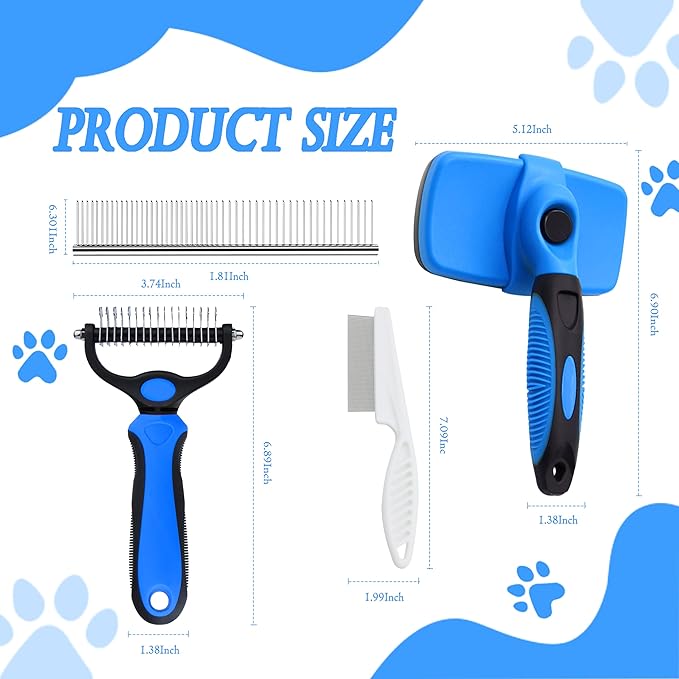 4 in 1 Cat Grooming Brush Self Cleaning Slicker Brush Dematting Tool for Dogs & Cats Haired Pets Skin Friendly, Deshedding Tool, Suitable for Pet Supplies Accessories, Blue-PawvioPets