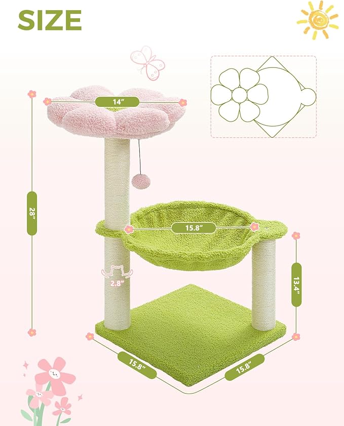 Flower Cat Tree, 28" Cat Tower with Cozy Flower Perch, Large Hammock for Indoor Small Cats, Cute Cat Tree with Sisal Scratching Post and Fur Toy Ball for Kittens, Pink-PawvioPets