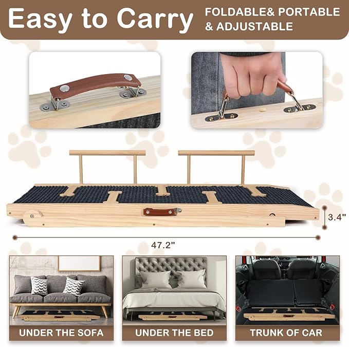 Dog Ramp for Bed Couch Extra Wide Folding Pet Ramps for Large Dogs to Get on Bed, Portable Doggie Steps 6 Adjustable Height 27.3”, 47.3" Long-PawvioPets