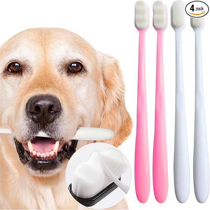 Dog Toothbrush Kit 4 Pack, 10,000 Ultra-Soft Bristles, Dog Tooth Brush for Medium to Large Dogs & Cats, Pet Tooth Brushing Kit for Easy Dental Cleaning, 2 Pink Wave Head & 2 White Flat Head-PawvioPets
