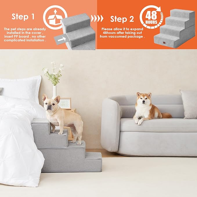 EHEYCIGA Dog Stairs for Bed 20" H, 4-Step Extra Wide Dog Steps for High Bed, Pet Steps for Small Dogs and Cats, Non-Slip Balanced Pet Ramp Indoor, Light Grey-PawvioPets