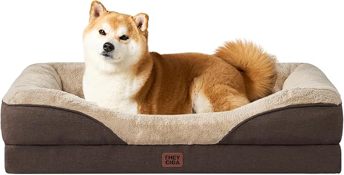 EHEYCIGA Memory Foam Dog Bed for Medium Size, Orthopedic Dog Sofa with Sides and Waterproof Liner, Washable Bolster Pet Couch with Removable Cover, 35x22x6.5 Inch, Brown-PawvioPets