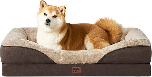 EHEYCIGA Memory Foam Dog Bed for Medium Size, Orthopedic Dog Sofa with Sides and Waterproof Liner, Washable Bolster Pet Couch with Removable Cover, 35x22x6.5 Inch, Brown-PawvioPets