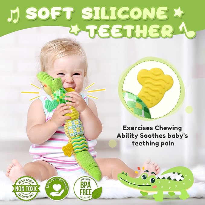 Baby Toys 0 to 12 Months, Musical Stuffed Animals Activity Soft Toy with Multi-Sensory Crinkle, Rattle and Textures, Infant Tummy Time Toys for Newborn Boys Girls, Crocodile, Green-PawvioPets