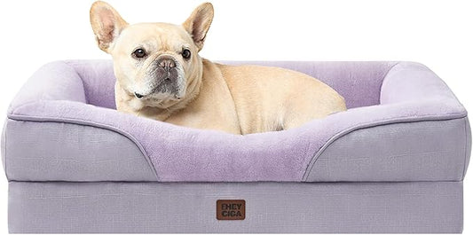 EHEYCIGA Memory Foam Dog Bed for Medium Size, Orthopedic Dog Sofa with Sides and Waterproof Liner, Washable Bolster Pet Couch with Removable Cover, 30x20x6.5 Inch, Purple-PawvioPets