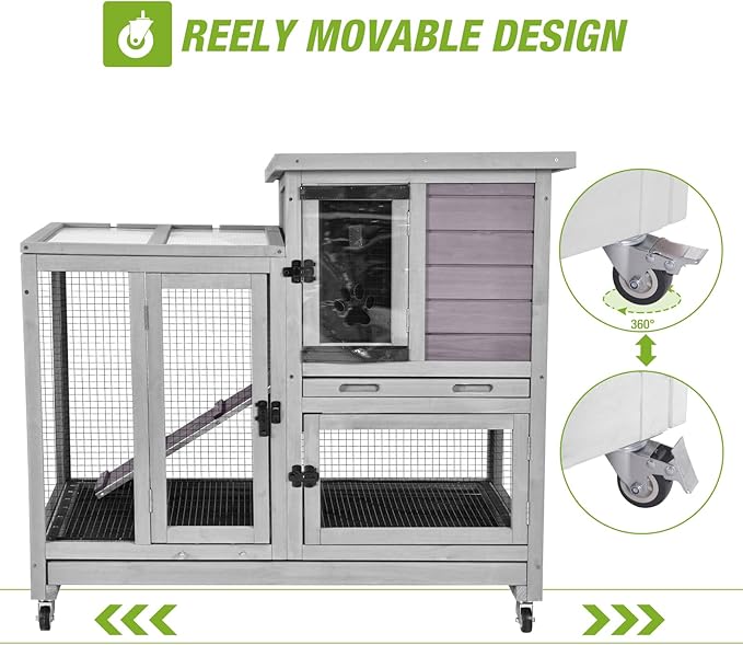 2-Story Rabbit Hutch Indoor Bunny Cage Outdoor Guinea Pig House with Wire Mesh Floor, Leak-Proof Trays, Lockable Wheels for Rabbits, Guinea Pigs, 40.6" L x 26" W x 37.6" H-PawvioPets