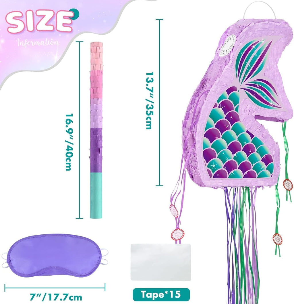WERNNSAI Foldable Mermaid Piñata - Pull String Mermaid Birthday Party Supplies Mermaid with Blindfold Bat and Tassels Mermaid Party Decoration Games Folding Purple Mermaid Piñatas for Classroom Game