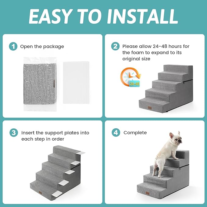 Dog Stairs for Small Dogs, 5 Tier Removable Wider Pet Stairs for Couch and Bed, 23.6" H Non-Slip Dog Steps for Puppies and Old Cats with Support Board, 29.5x19.7x23.6 inch, Grey-PawvioPets