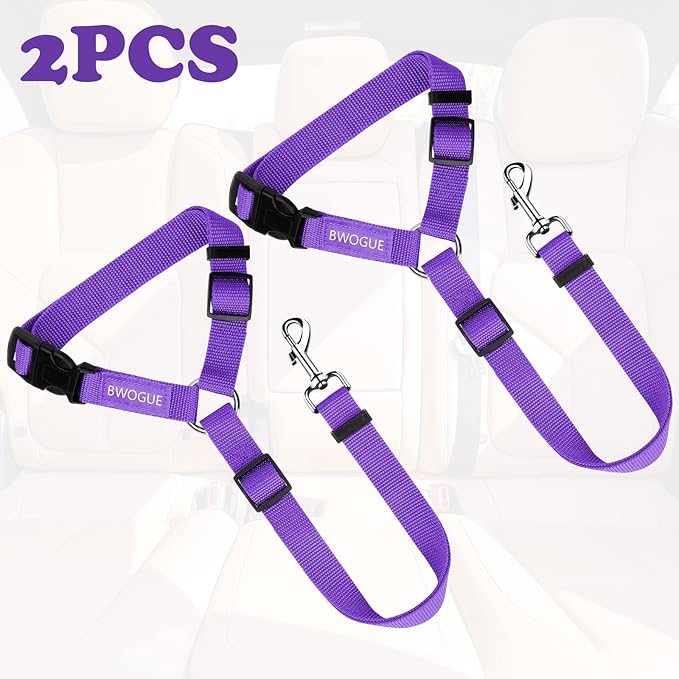 BWOGUE 2 Packs Dog Cat Safety Seat Belt Strap Car Headrest Restraint Adjustable Nylon Fabric Dog Restraints Vehicle Seatbelts Harness Purple-PawvioPets