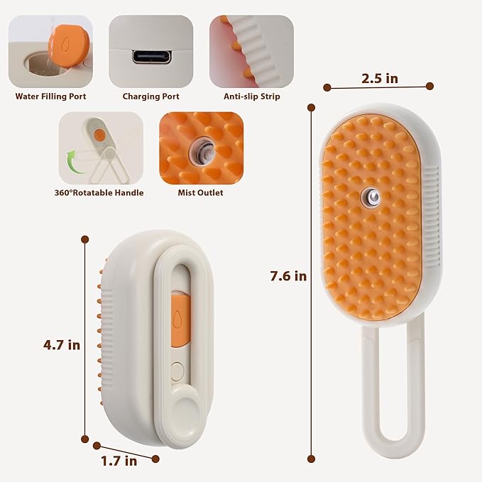 4 in 1 Cat Steam Brush, Rechargeable Steam Brush for Cats and Dogs, Anti-Static Cat Spray Brushes, Massage, Cleaning, Shedding & Combing All In One! Beige-PawvioPets