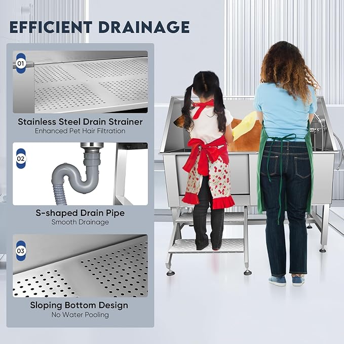 62" Pet Dog Bathing Station,Professional Stainless Steel Dog Grooming Tub,Pet Bathing Tub Dog Bathing Station with Faucet Walk-in Ramp Accessories,Commercial or Household use, (Extra Large)-PawvioPets