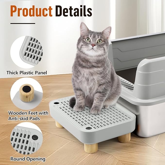 Cat Litter Box Step Ramp, Cat Litter Catcher Mat with Wooden Feet, Filter Function, Cat Pedal Stool for Self-Cleaning Cat Litter Box, Ideal for Kitten & Elderly Cats (Light Grey)-PawvioPets