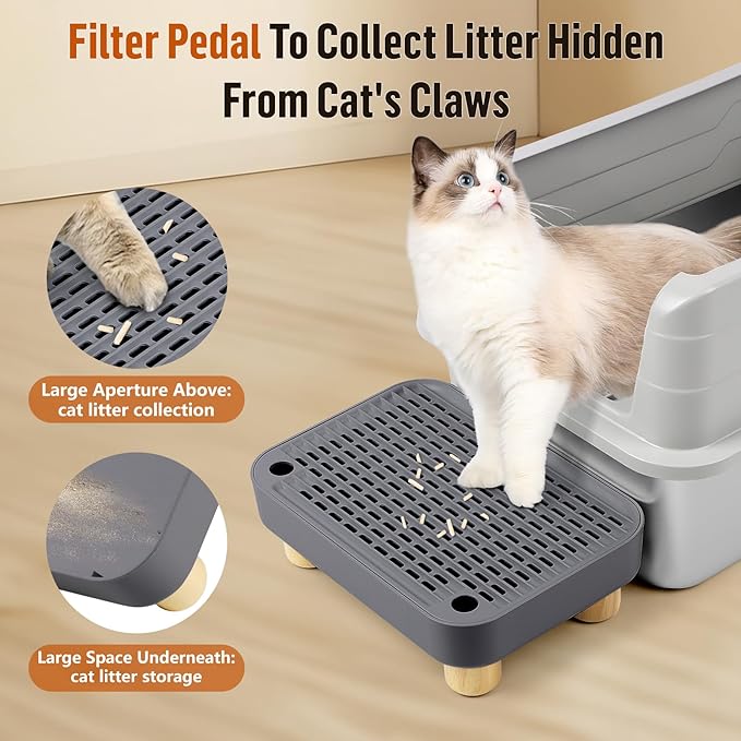 Cat Litter Box Step Ramp, Cat Litter Catcher Mat with Wooden Feet, Filter Function, Cat Pedal Stool for Self-Cleaning Cat Litter Box, Ideal for Kitten & Elderly Cats (Dark Grey)-PawvioPets