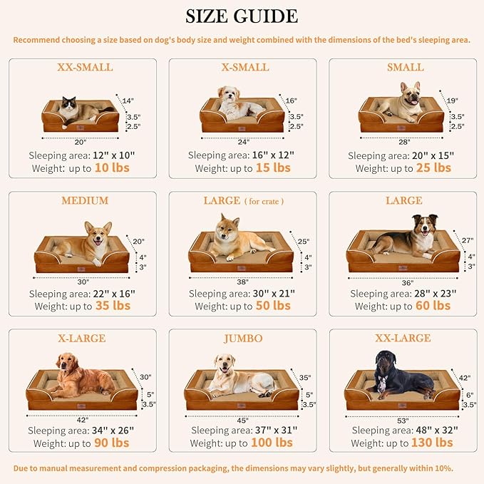Comfort Expression Medium Dog Beds Waterproof Orthopedic Foam Dog Sofa Beds for Medium Large Dogs Comfy Pet Bed with Washable Removable Cover & Non-Slip Bottom(Medium,Caramel)-PawvioPets