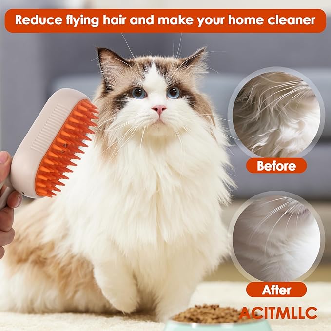 4 in 1 Cat Steam Brush for Shedding, Cleaning, Massage & Smooth, USB Rechargeable Pet Spray Hair Removal Comb, for Indoor Long/Short Haired Cats & Dogs (White)-PawvioPets