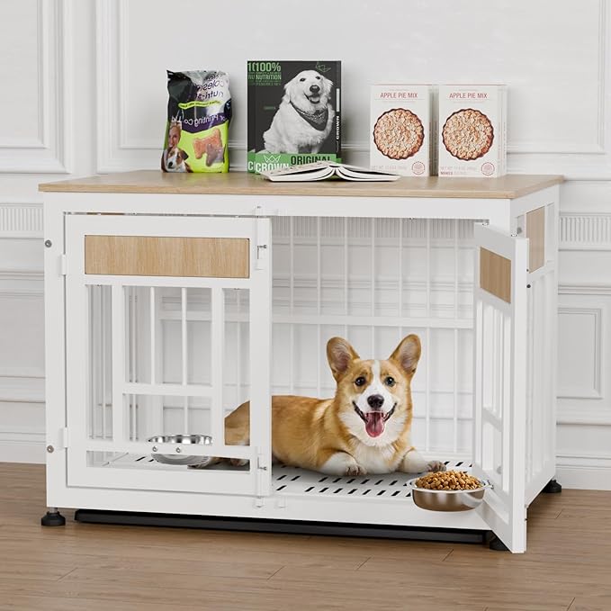Dog Crate Furniture End Table, 38 Inch Hidden Kennel Cabinet with Removable Tray, Thickened Metal Frame Dog Cage, Dual-Purpose Pet House & Nightstand for Living Room-PawvioPets