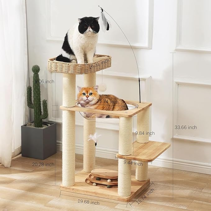 34 Inch Solid Wood Cat Tree Tower with Space Capsule, Hand-Woven Basket Nest, Feather Toy, Hanging Balls, Sisal Posts, 4-Tier Indoor Climbing Cat Tower for Kittens-PawvioPets