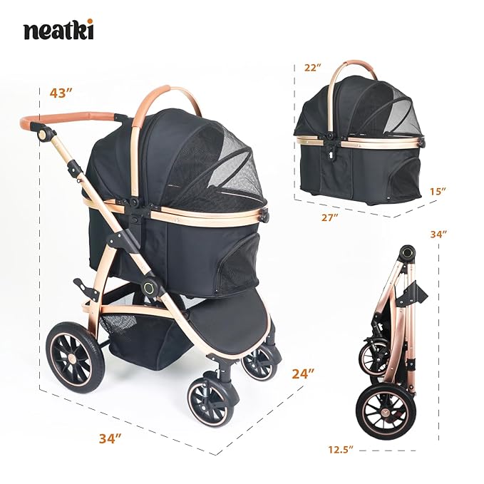 3 in 1 Pet Stroller - Stroller for Small to Medium Dogs and Cats up to 55 lbs, with Detachable Carrier/Car Seat, Foldable and Lightweight, Detachable Cushion + Cup Holder (Black/Gold)-PawvioPets