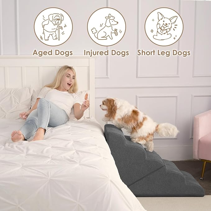 EHEYCIGA Curved Foldable Dog Stairs Ramp for High Beds 22.5" H, 5-Step Dog Steps for Small Dogs and Cats, Pet Stairs for High Bed Climbing, Non-Slip Balanced Pet Step Indoor, Grey-PawvioPets