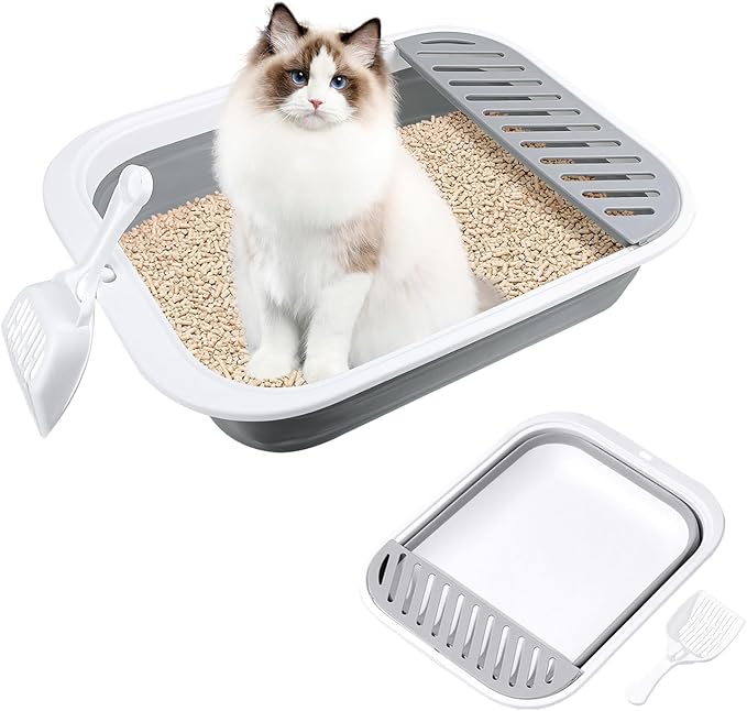 Cat Litter Box for Travel, 18"×14" Grey Small Litter Box for Open Foldable Waterproof Litter Pan,Kitty Litter Box Easy to Clean and Assemble, Portable Litter Box with Scoop-PawvioPets