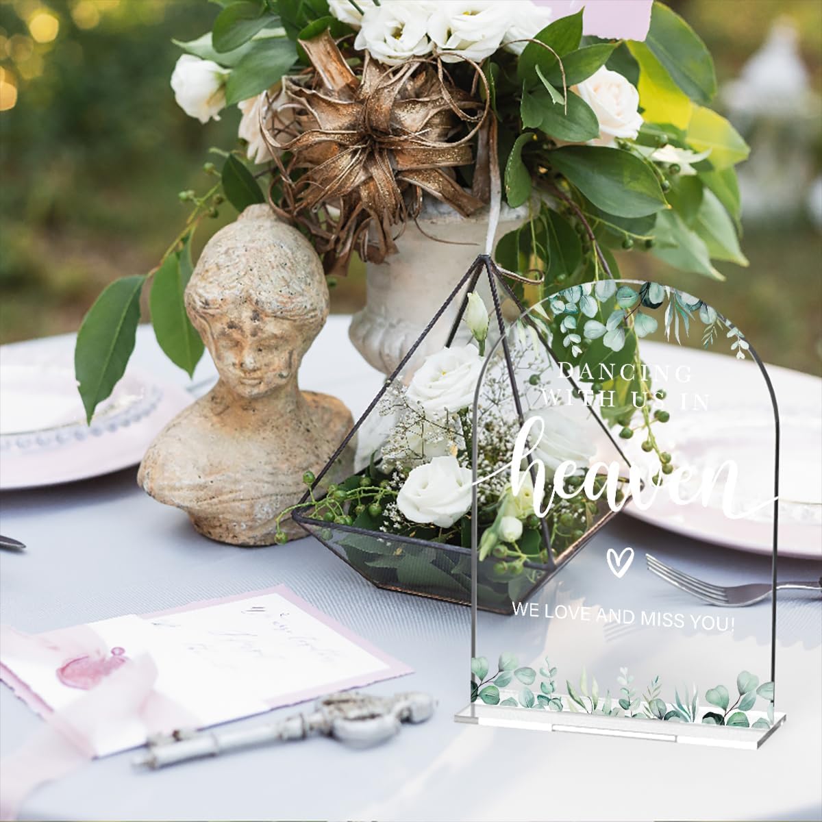Acrylic Wedding Sign Dancing With Us In Heaven Signs for Ceremony Modern Calligraphy Arch Acrylic Table Top Signs for Wedding Reception and Event Party Table Decor (Eucalyptus Leaves)