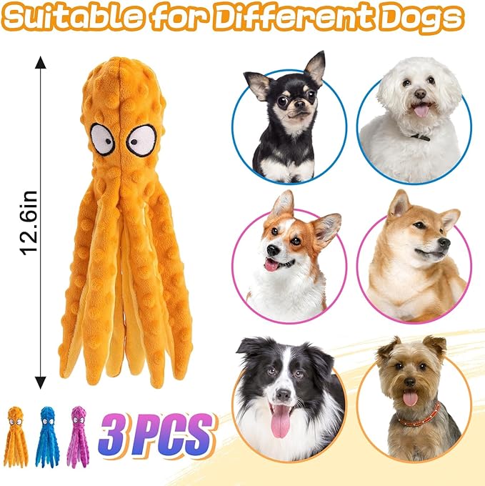 Alphatool Squeaky Dog Toys - 3pcs Soft Plush Chew Crinkle Puppy Toys to Keep Them Busy, Octopus No Stuffing Interactive Essentials for Teething Small Medium Pets Dogs Gifts-PawvioPets