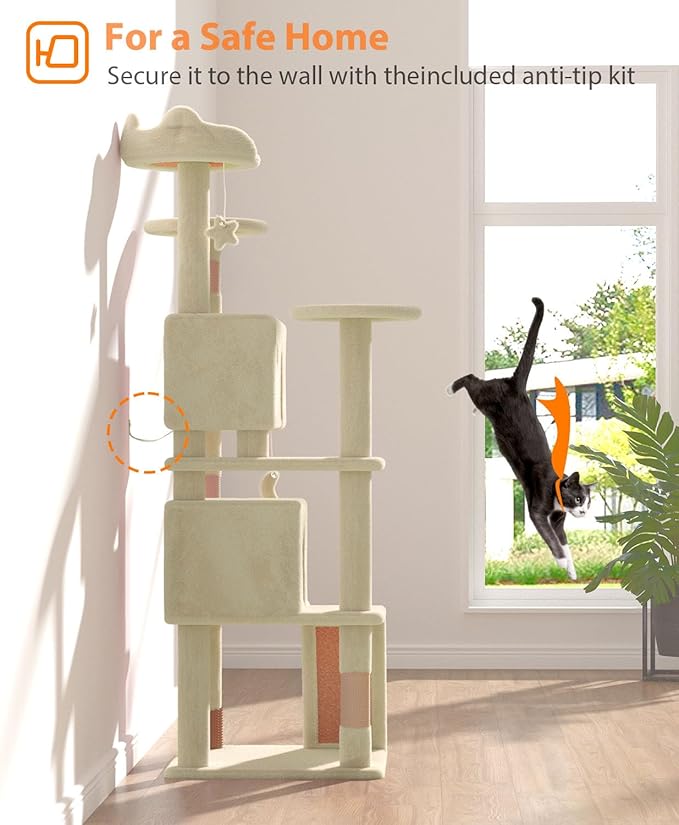 60'' Cat Tree Tower for Indoor Cats Large Adult,Cute/Tall Modern Cat Tree for Big Cats 20 lbs, Plush Multi-Level Cat Condo with Scratching Posts, Dangling Ball Indoor (Beige, 60 inch)-PawvioPets