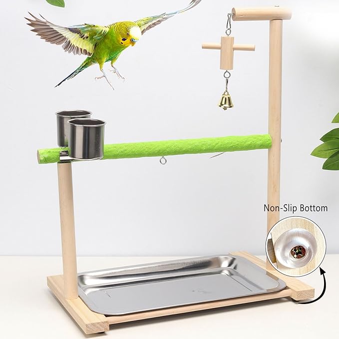 Bird Palyground, Parrot Playstand Natural Wood, Bird Perch Stand Gym with Feeder Cups and Removable Tray, Bird Cage Accessories for Parakeets Cockatiels Lovebirds-PawvioPets