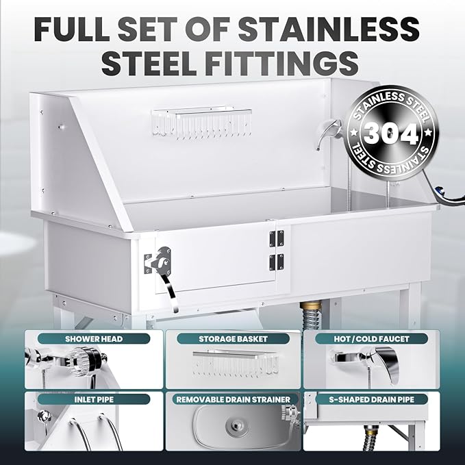 Dog Washing Station for Home, 38" White Professional Stainless Steel Dog Grooming Tub, Height Adjustable Dog Bathing Station, Upgrade Parts, Dog Bath Tubs for Small & Medium Dogs(Left Ramp)-PawvioPets