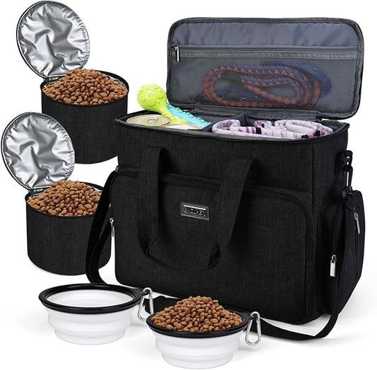 BAGLHER Dog Travel Bag, Airline Approved Pet Tote Organizer with Multi-Function Pockets, 2 X Food Storage Containers and 2 X Collapsible Dog Bowls, Perfect Weekend Pet Travel Set for Dog, Cat Black-PawvioPets