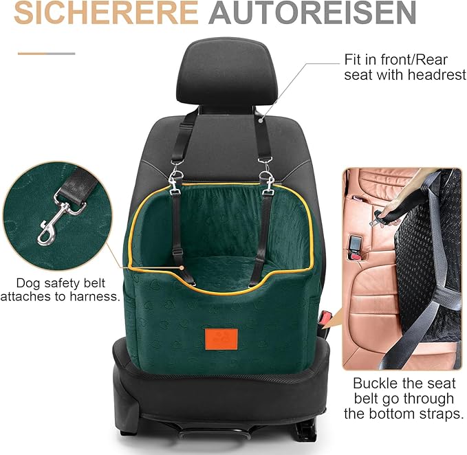 Dog Car Seat for Small Dogs, Memory Foam Booster Dog Seat for Dogs up to 35 lbs, Elevated Pet Car Seat, Travel Safety Pet Seat with Washable Removable Cover, Storage Pockets (Green)-PawvioPets