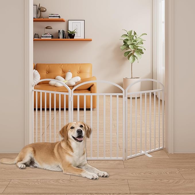 3 Panles Full Matel Freestanding Dog Gates with Door, 72"Extra Wide 32"Tall Free Standing Dog Pet Gate for Indoor & Outdoor. Foldable Pet Fences for Doorways, House, Stairs, Porch, Deck, Yard-PawvioPets