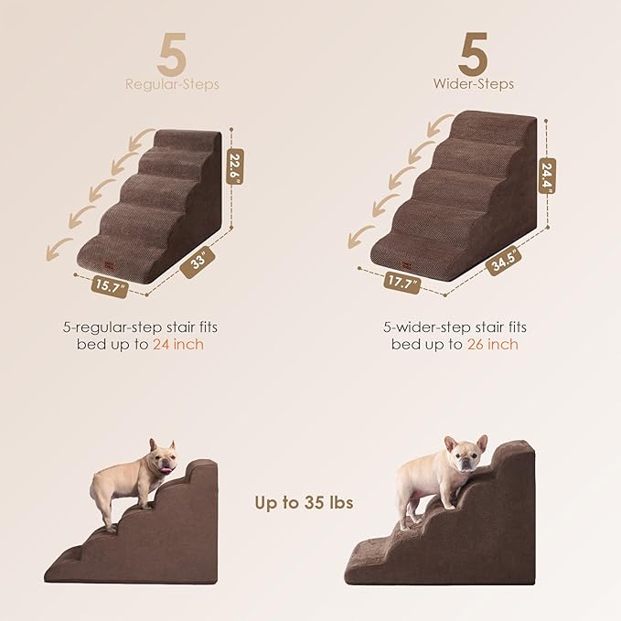 EHEYCIGA Curved Dog Stairs Ramp for High Beds, 5-Step Extra Wide Dog Steps for Small Dogs and Cats, Pet Stairs for High Bed Climbing, Non-Slip Balanced Pet Step Indoor, Brown-PawvioPets