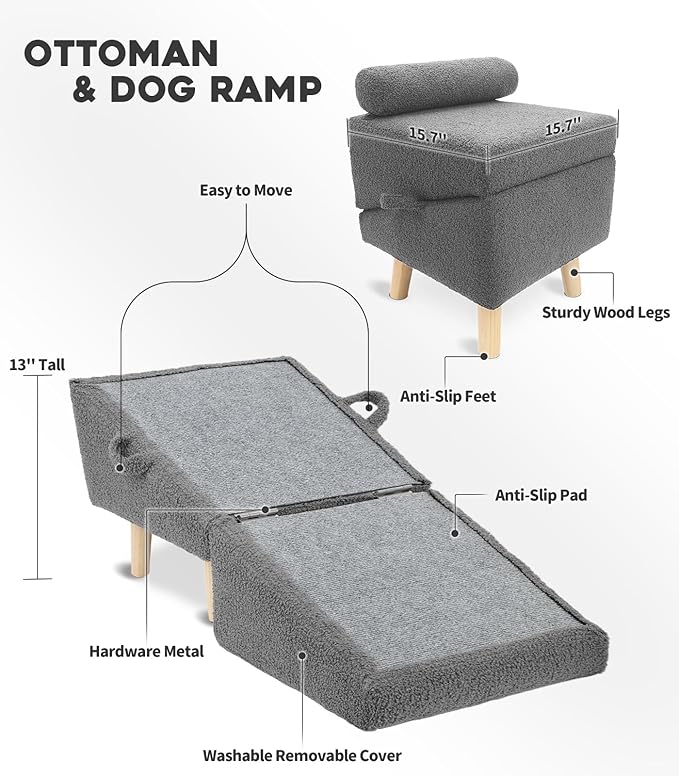 Dog Stairs for Small Dogs and Cats – 2-in-1 Dog Ramp for Bed and Couch, 16.5'' Foldable Wooden Pet Steps, Sturdy Multi-Use Split Ottoman Design, Dark Grey-PawvioPets
