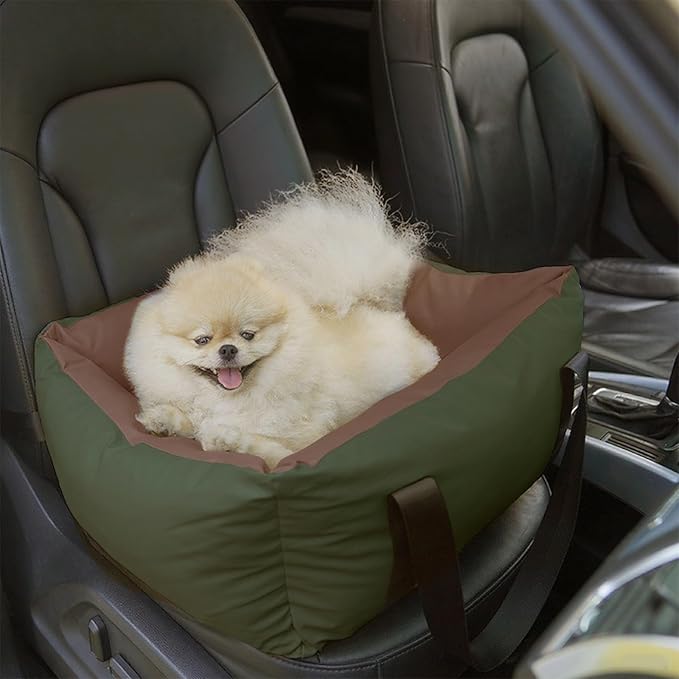 Dog Car Seat for Small Dogs, Large Leather Dog Car Bed with Storage Pocket, Waterproof PVC Leather Booster Seat Travel Bed for Front & Back Seat, Clip-On Safety Leash (Green/Brown)-PawvioPets