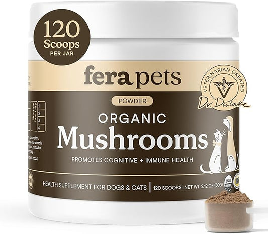 Fera Pets Mushroom Supplement for Dogs & Cats with Turkey Tail - USDA Organic - Cognitive and Immune Support - Enhances Liver Function - Supports a Healthy Gut - Powder - 120 Scoops-PawvioPets