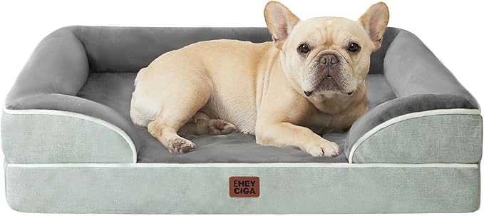 EHEYCIGA Orthopedic Dog Bed for Small Dogs, Waterproof Memory Foam Small Dog Beds with Sides, Non-Slip Bottom and Egg-Crate Foam Medium Pet Couch Bed with Washable Removable Cover, Greyish Green-PawvioPets